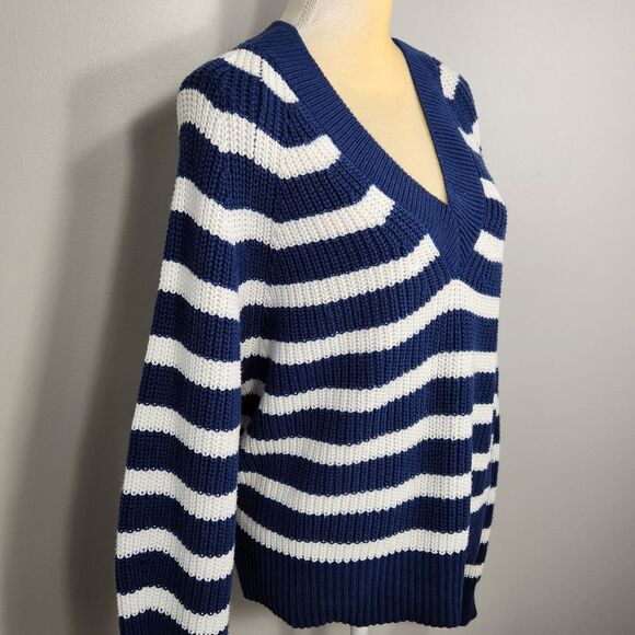 Navy Stripe Sweater VNeck Pullover Cable  Size L oversized - Picture 2 of 12